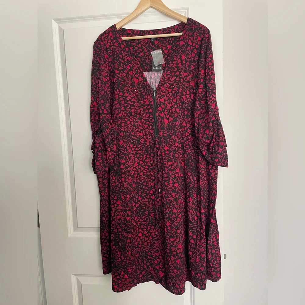 Torrid Red A-Line Midi Dress with V-Neck and Cuffed Sleeves XXL heart Red - Picture 5 of 16